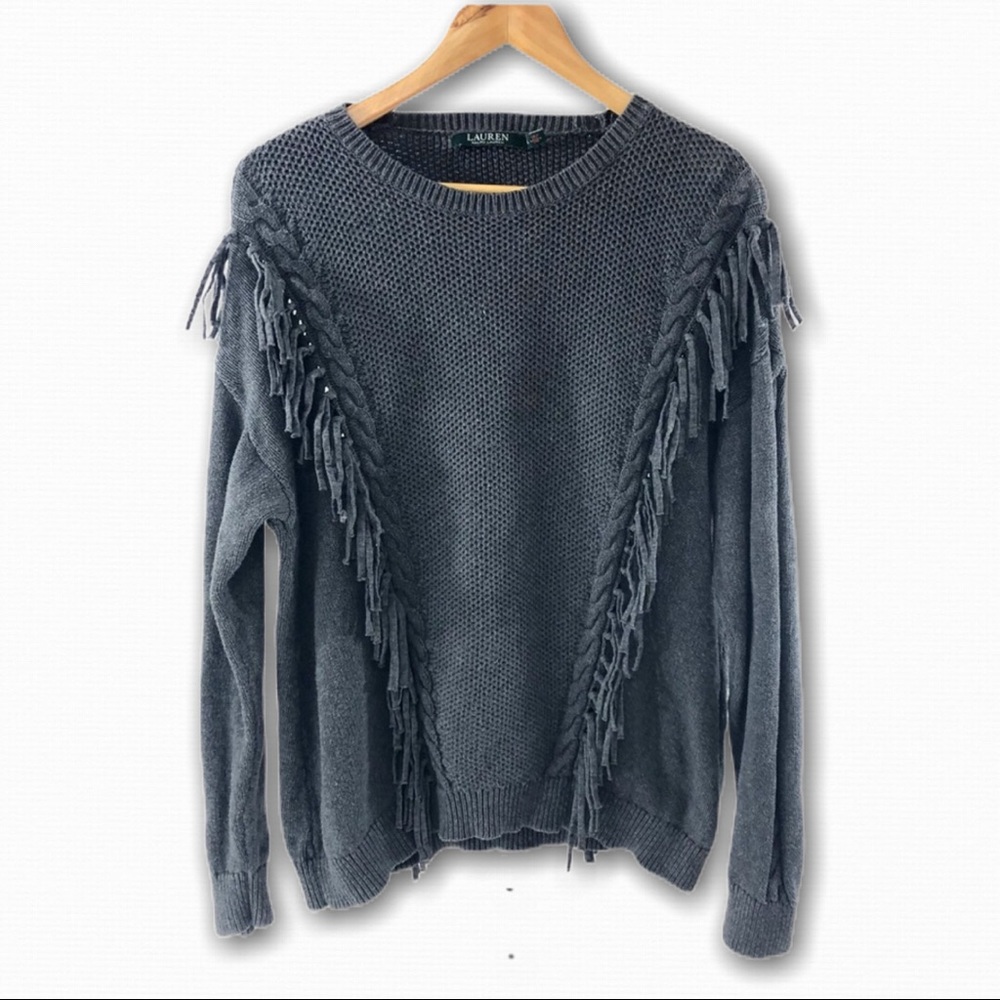Lauren Ralph Lauren Gray Fringe Sweater L - Picture 1 of 7